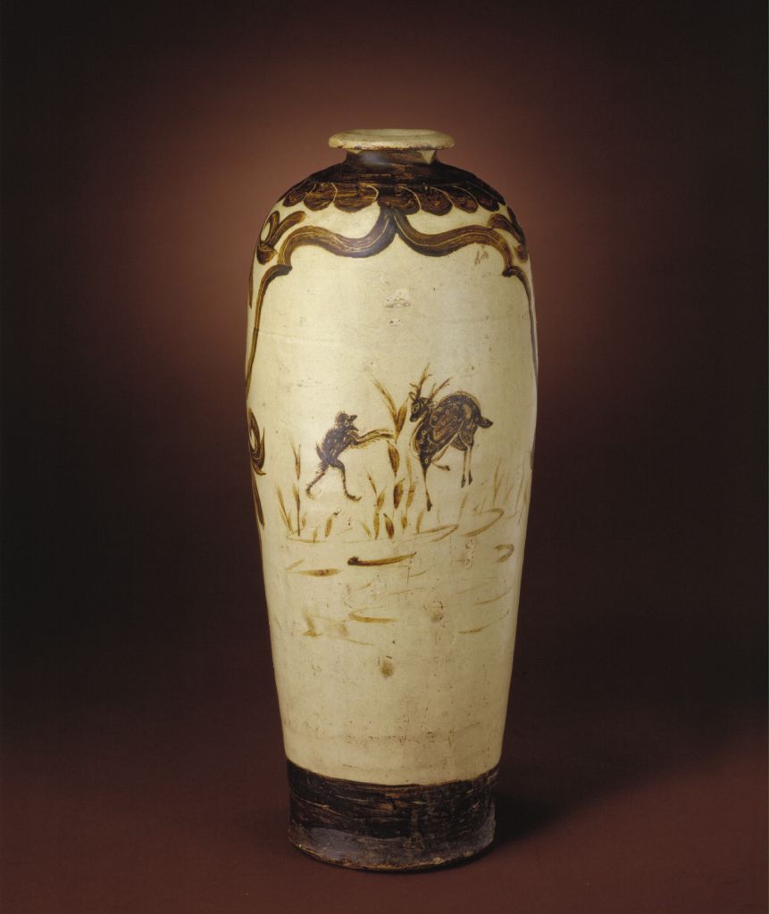 图片[1]-White ground black flower monkey deer vase-China Archive